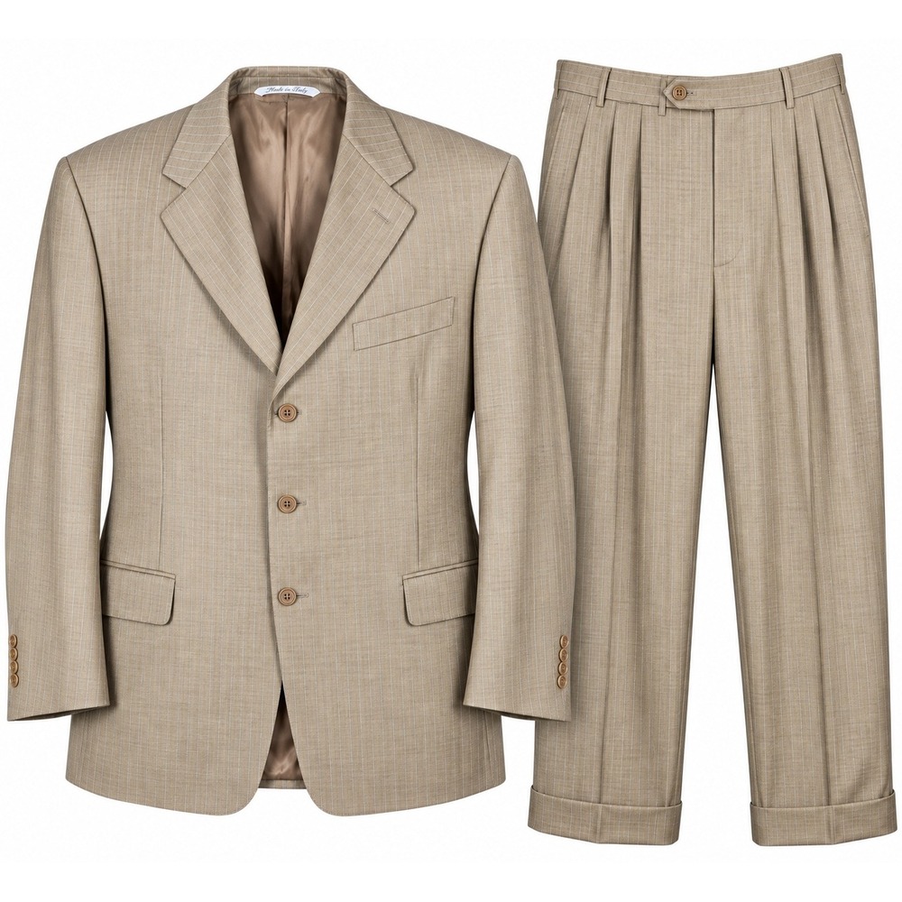Canali Suit Mens 42R 36W Tan Pinstripe Pleated Cuffed Pants Made Italy 2 Piece